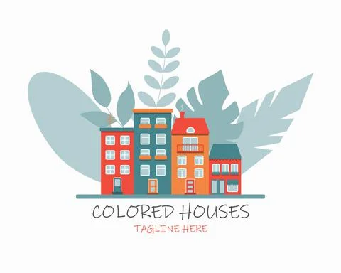 Vector flat image with colorful bright houses and plants Stock Illustration