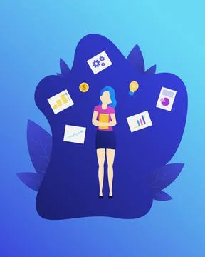 Vector flat image with a gradient. A girl with a book in her hands is studyin Stock Illustration