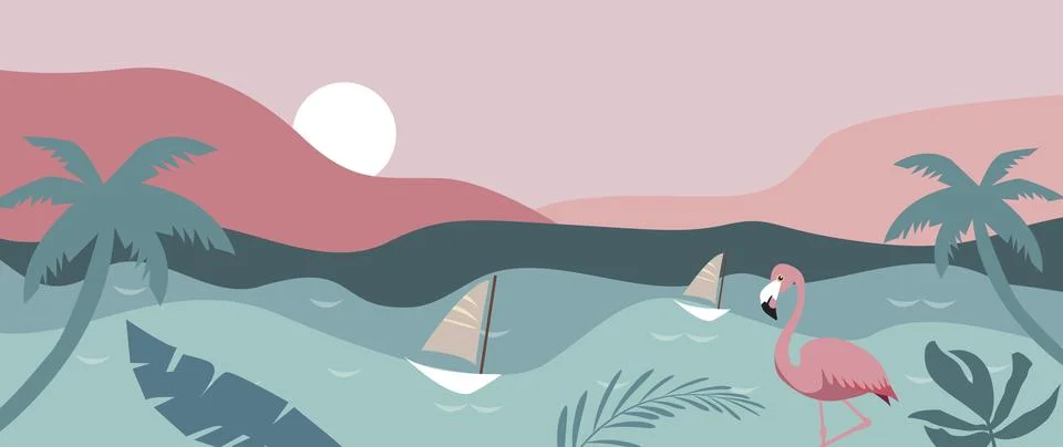 Vector flat image. Panorama of the sea and the beach. The picture shows the.. Stock Illustration
