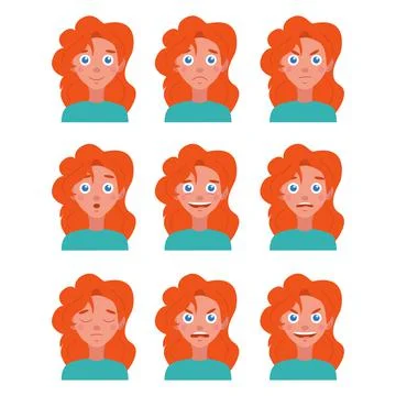 Vector flat image with a set of different emotions. Portrait of a young girl Stock Illustration