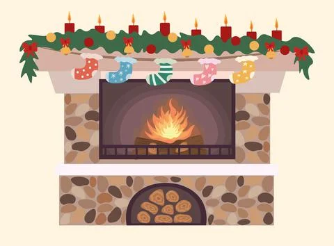 Vector flat image of a stone fireplace with Christmas decorations Stock Illustration
