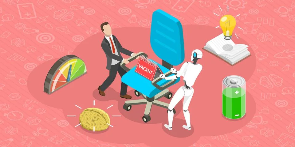 Vector Flat Isometric Concept of competition of Human Versus Robot. イラスト素材