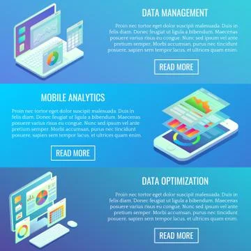 Vector flat isometric horizontal analytics banner set 스톡 일러스트