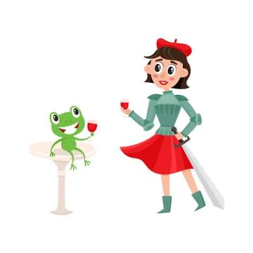 Vector flat Joan of Arc costume girl, frog, wine Stock-Illustration