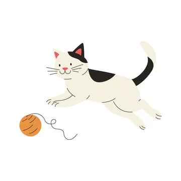 Vector Flat Jumping and Playing Black and White Cat with a Ball of Thread イラスト素材