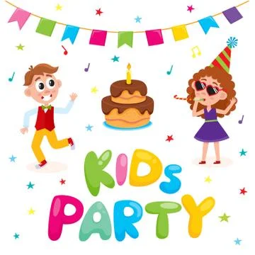Vector flat kids at party with confetti, flags Stock Illustration