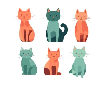 Vector flat kitty set, cute simple cat collection, domestic pet cat day, animal Illustrazione stock