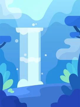 Vector flat landscape background illustration with waterfall, mountains, fore Stock Illustration