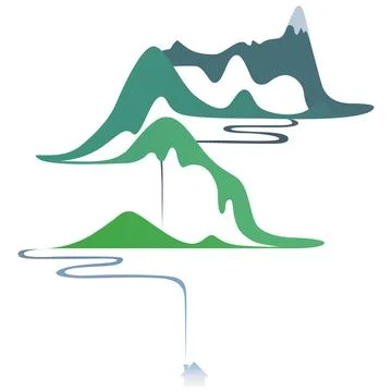 Vector flat landscape. Gradient mountain river and house Stock Illustration