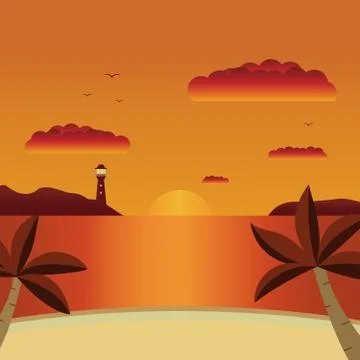Vector a flat landscape a summer sunset with the beach and palm trees at the  Stock Illustration