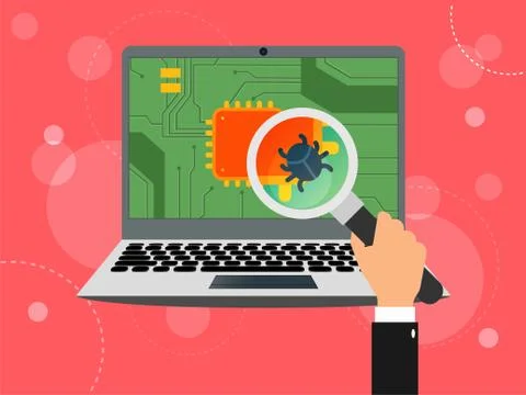 Vector flat laptop with CPU and computerbug Stock Illustration