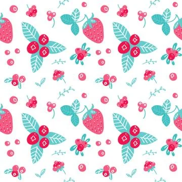 Vector flat leaves and berries tea seamless pattern. Cute design for gift wra Stock Illustration