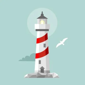Vector flat lighthouse. Cartoon landscape Stock Illustration