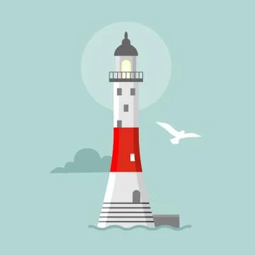 Vector flat lighthouse. Cartoon landscape Stock Illustration