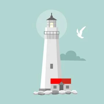 Vector flat lighthouse. Cartoon landscape Stock Illustration