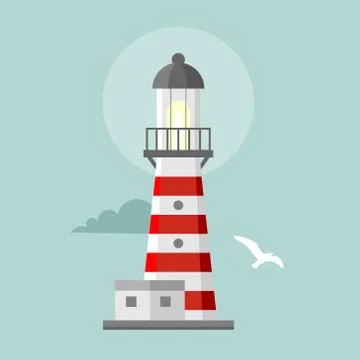 Vector flat lighthouse. Cartoon landscape Stock Illustration