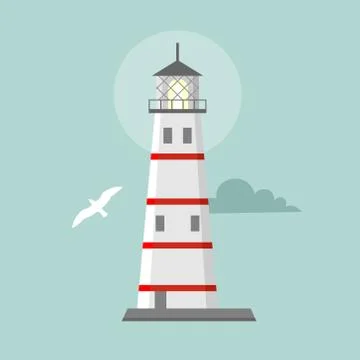 Vector flat lighthouse. Cartoon landscape Stock Illustration