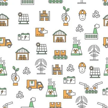 Vector flat line art ecological factory seamless pattern Stock Illustration
