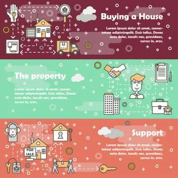 Vector flat line art house property banner set Stock Illustration