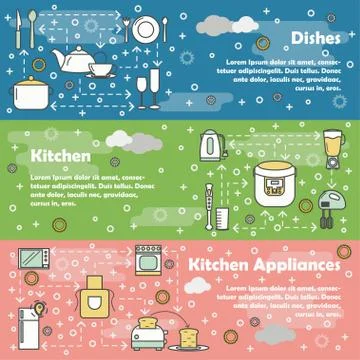 Vector flat line art kitchen banner set Stock Illustration