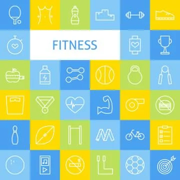 Vector Flat Line Art Modern Fitness Sports and Healthy Lifestyle Icons Set Illustrazione stock