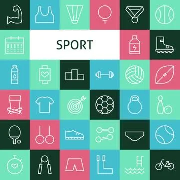 Vector Flat Line Art Modern Sports and Recreation Icons Set Stock Illustration