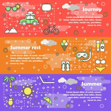 Vector flat line art summer banner set Illustrazione stock