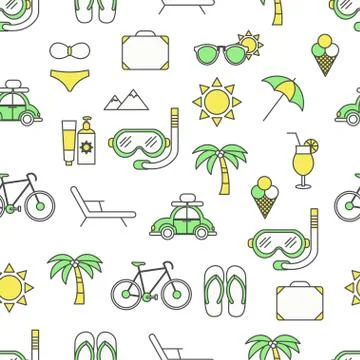 Vector flat line art summer seamless pattern Illustrazione stock