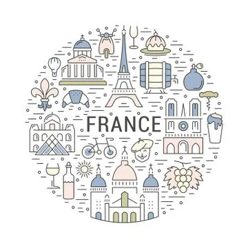 Vector Flat Line Banner Paris and France Stock Illustration