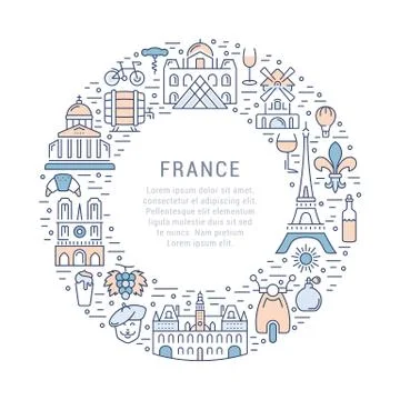 Vector Flat Line Banner Paris and France Stock Illustration