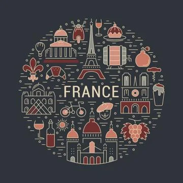 Vector Flat Line Banner Paris and France Stock Illustration