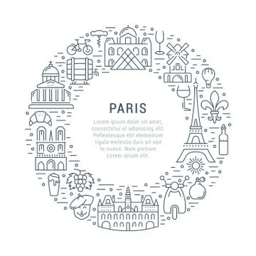 Vector Flat Line Banner Paris and France Illustrazione stock