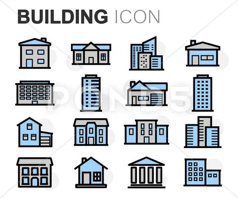 Vector flat line building icons set Stock Illustration