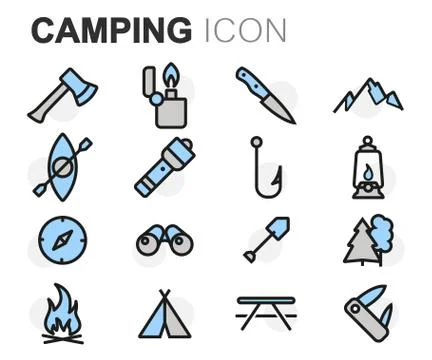 Vector flat line camping icons set Illustrazione stock
