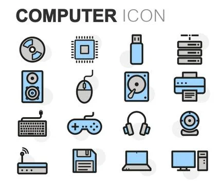Vector flat line computer icons set Stock Illustration