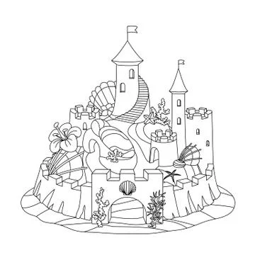 Vector flat line fantasy castle sand, sandcastle Stock Illustration