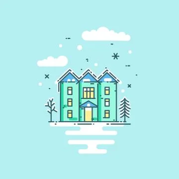 Vector flat line illustration with house, trees, clouds and snow Stock Illustration