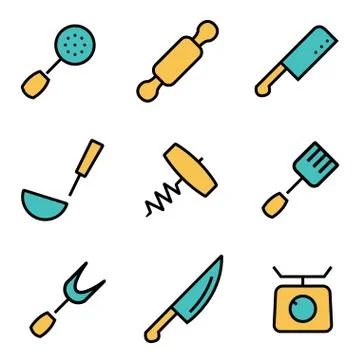 Vector flat line kitchen and cooking icons set Stock Illustration