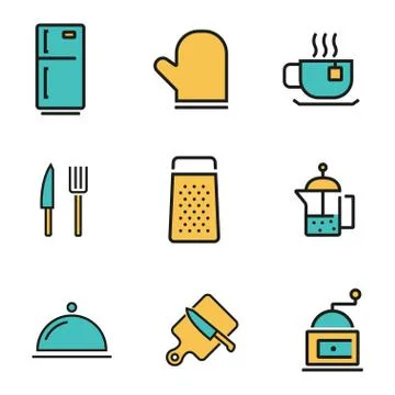 Vector flat line kitchen and cooking icons set Stock Illustration