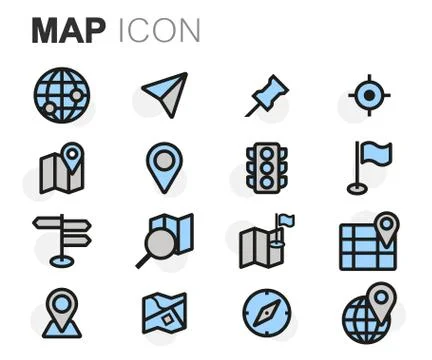 Vector flat line map icons set Stock Illustration