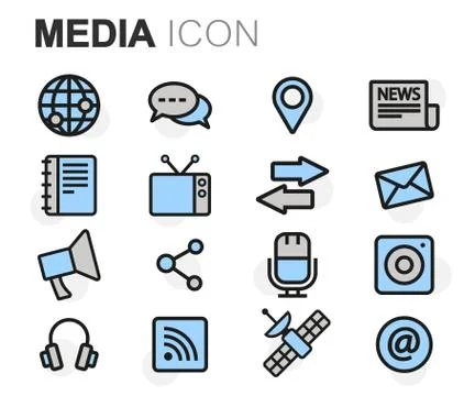 Vector flat line media icons set Stock Illustration