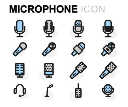 Vector flat line microphone icons set Stock Illustration