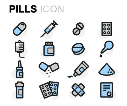 Vector flat line pills icons set Stock Illustration
