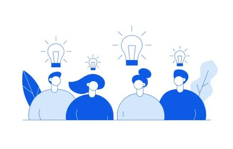 Vector flat line style business teamwork and idea  design concept with big mo Stock Illustration
