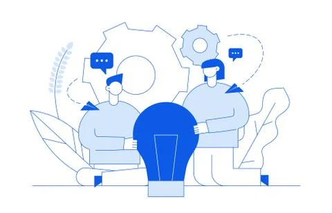 Vector flat line style business teamwork and idea  design concept with big mo Stock Illustration