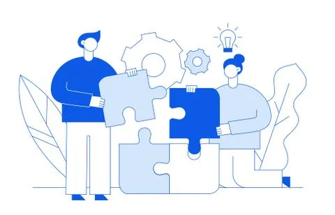 Vector flat line style business teamwork and idea  design concept with big mo Stock Illustration