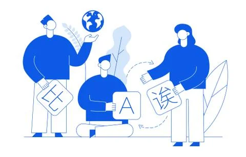 Vector flat line translation design concept of  big modern people, holding ca Stock Illustration