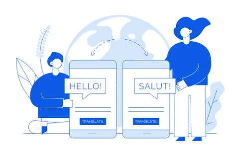 Vector flat line translation design concept of  big modern people, holding sm Stock Illustration