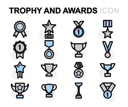 Vector flat line trophy and awards icons set Stock Illustration