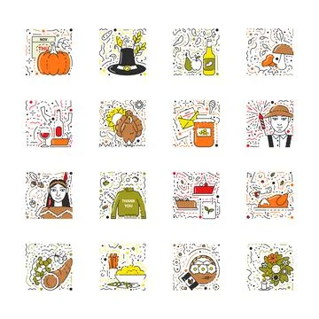 Vector flat linear icon set of thanksgiving day Stock Illustration
